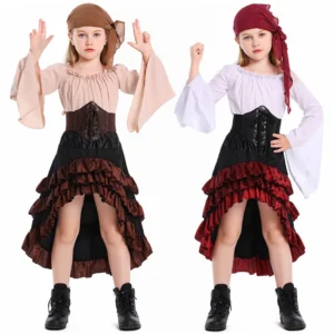 Girl Halloween Party Clothes Children Pirate Retro Irregular Ruffled High Waist Skirt Kid Carnival Dress Up Long Sleeves Outfits