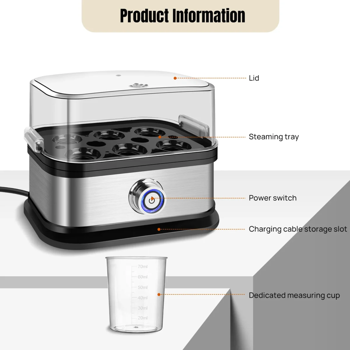 DayPlus Egg Boiler, 6 Eggs Capacity Cooker for Soft,Multi-use Space Saving Food Steamer for Corn, Vegetable, Dumplings