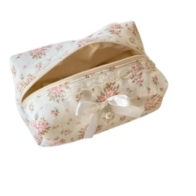 New Bow Cosmetic Bag Pink Flower Makeup Organizer Skincare Perfect Gift Washing Bag For Travel Cosmetics Storage Bag