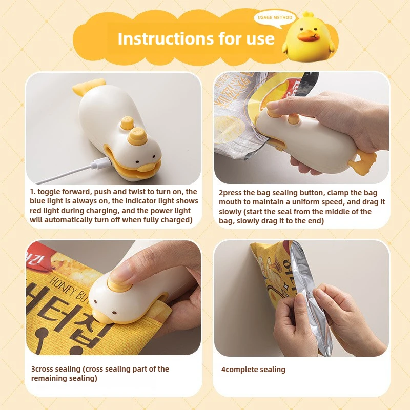 Cute Duck Handheld Vacuum Sealer Rechargeable Magnetic Bag Sealer for Freshness Portable Easy Use Kitchen Gadget 2 in 1 Mini