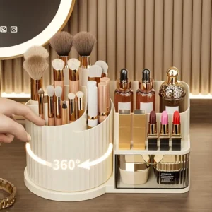 360° Rotating Makeup Organizer with Brush Holder & Drawer Desktop Large Capacity Skincare Cosmetic Tools Lipstick Display Cases