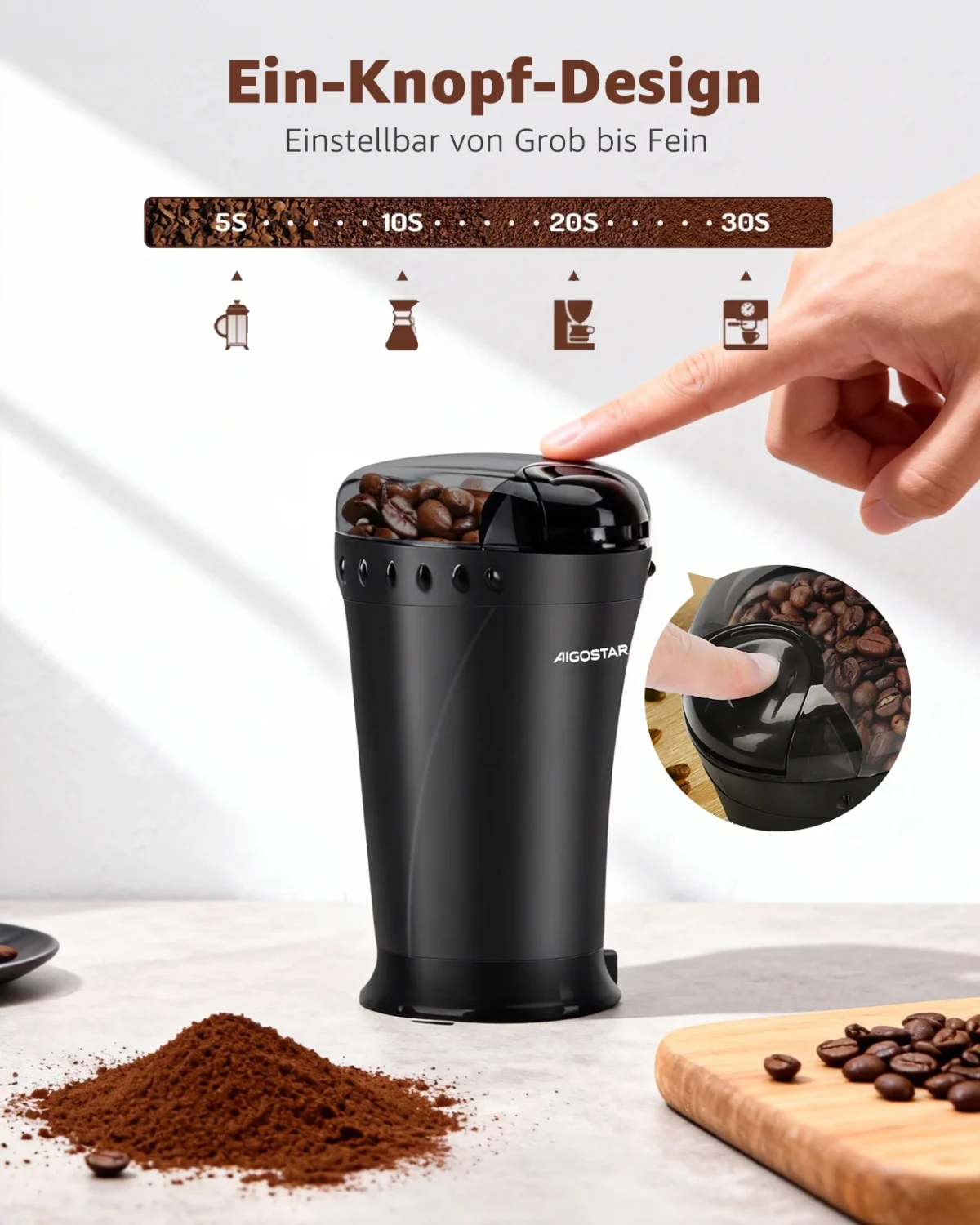 Aigostar Electric Coffee Grinder Spice Mill Coffee Grinder for Coffee Beans, Grains, Spices and Nuts, Stainless Steel Blade, 60g