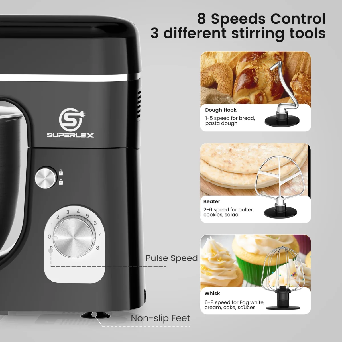 SUPERLEX 5L Stand Mixer 1300W Food Blender Silent Design Versatile Speed Control ABS housing paired With Bowl Stainless Mixer