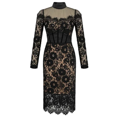 Fashion Ladies Black Lace Evening Dresses Women Clothing Elegant Chic Sexy Long Sleeve Slim Party Club Prom Dress Mujer Vestidos