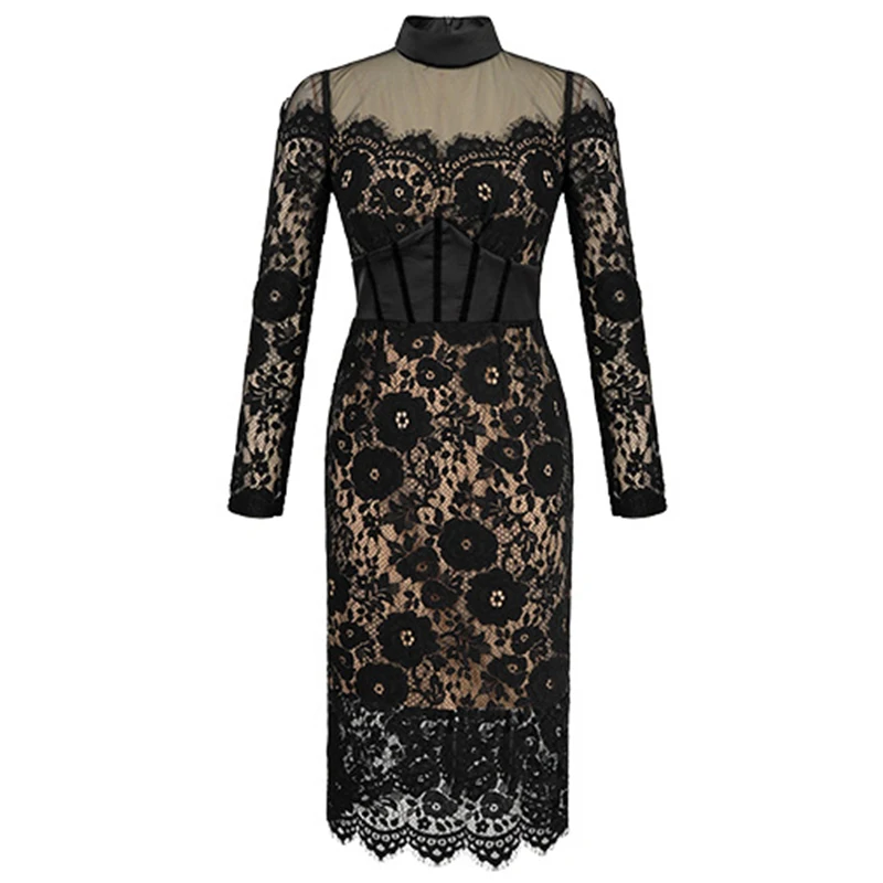 Fashion Ladies Black Lace Evening Dresses Women Clothing Elegant Chic Sexy Long Sleeve Slim Party Club Prom Dress Mujer Vestidos
