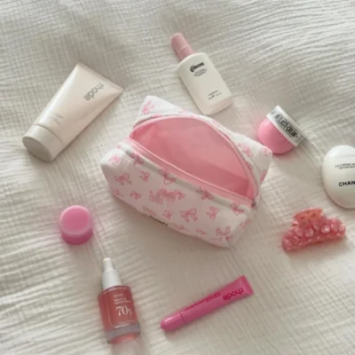 New Bow Cosmetic Bag Pink Flower Makeup Organizer Skincare Perfect Gift Washing Bag For Travel Cosmetics Storage Bag