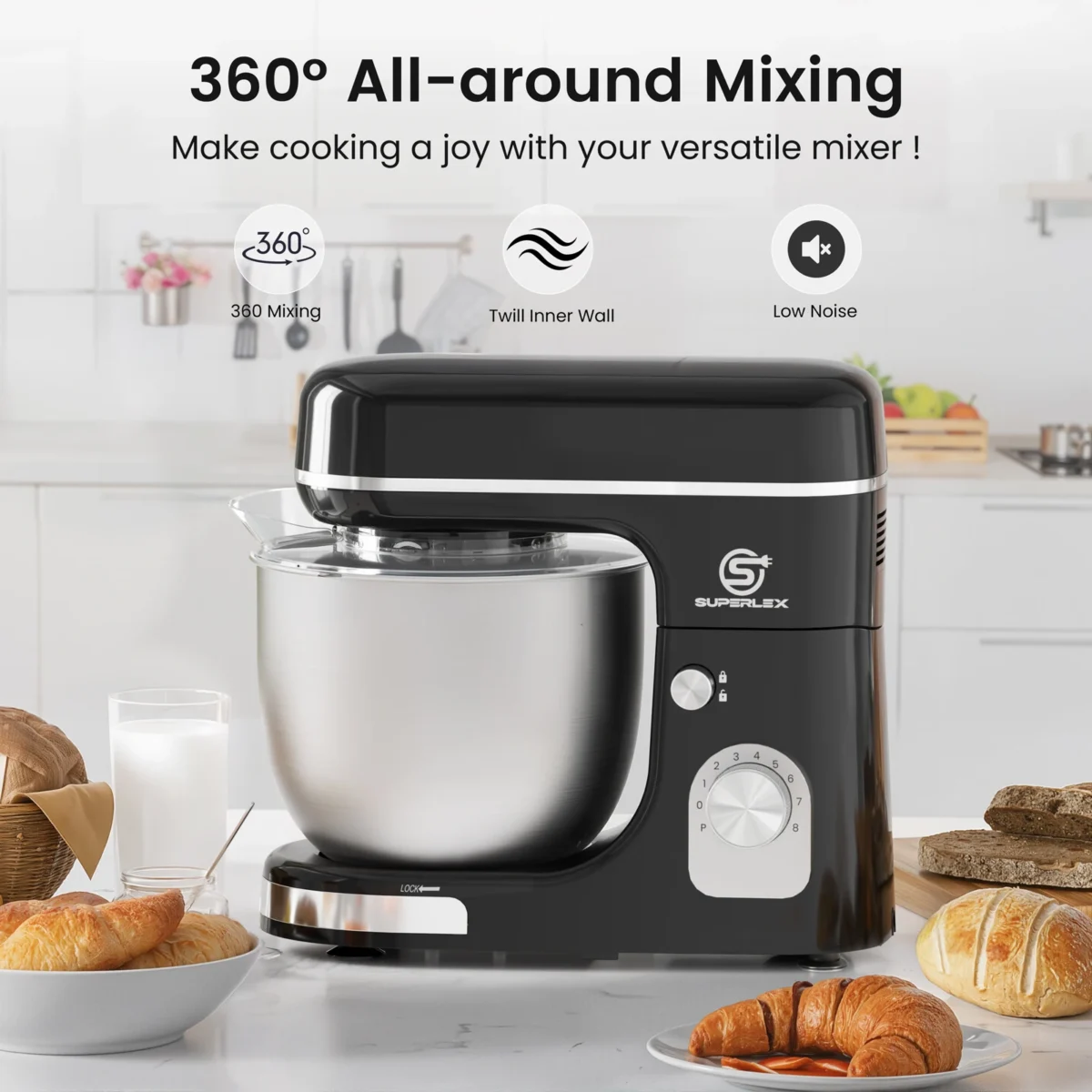 SUPERLEX 5L Stand Mixer 1300W Food Blender Silent Design Versatile Speed Control ABS housing paired With Bowl Stainless Mixer