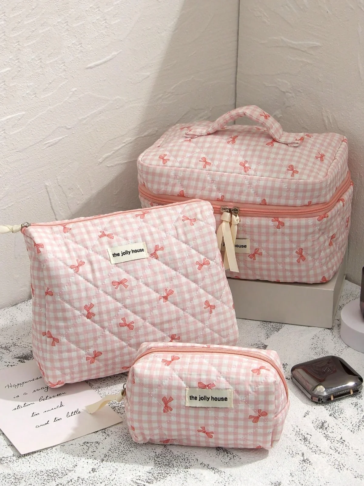 1set Cute Bowknot Cosmetic Bag Organizer Multifunctional Wallet Pouch Portable Brush Storage Clutch Travel Makeup Skincare Bag