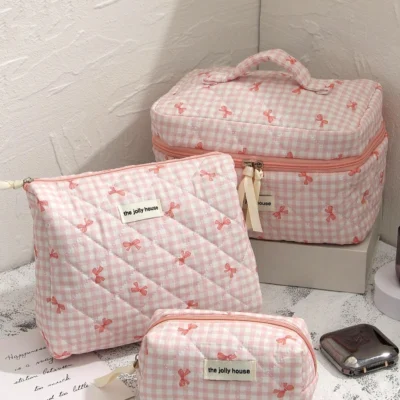 1set Cute Bowknot Cosmetic Bag Organizer Multifunctional Wallet Pouch Portable Brush Storage Clutch Travel Makeup Skincare Bag