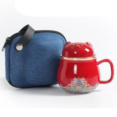 Portable Set of Tea Cup, Mug and 2-Cups,Wide Mouth, Easy to Clean, Keep Tea Hot,Steeping Loose Leaf Tea Bag,Cute Cat, 10.8oz