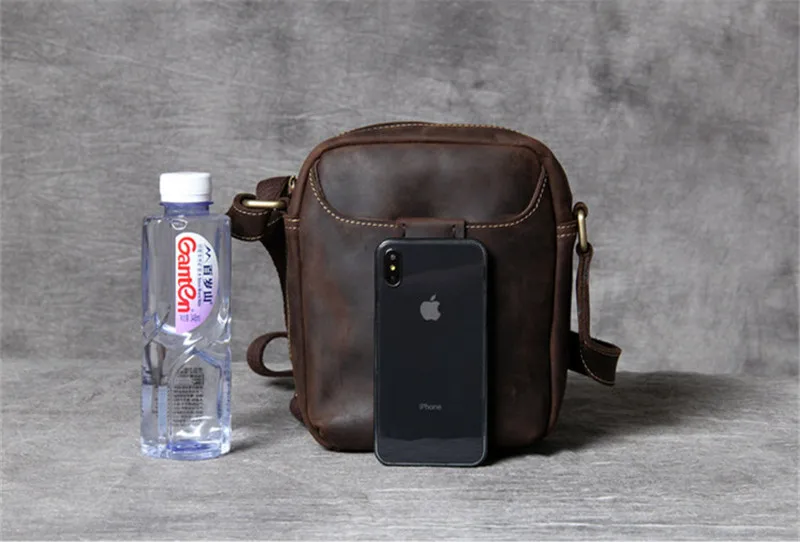 Vintage natural genuine leather men's small phone shoulder bag fashion casual crazy horse cowhide daily shoulder messenger bag