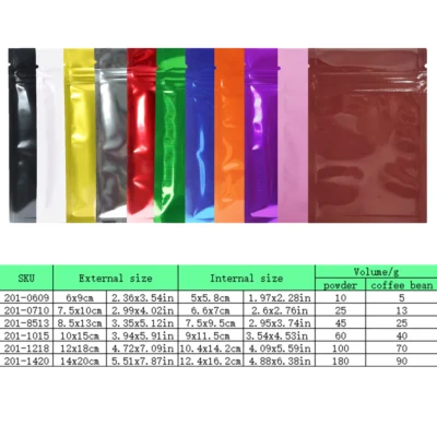 Flat  Aluminum Foil Mylar Ziplock Pouches Various Size Glossy Bag, 100pcs Heat Sealing Zipper Organizer Storage Bags