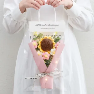 1PC Crochet Flowers Bouquet Finished Graduation Flower Bouquet with Gift Bag LED Lamp String Festival Decoration Handmade Gifts