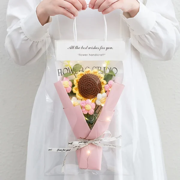 1PC Crochet Flowers Bouquet Finished Graduation Flower Bouquet with Gift Bag LED Lamp String Festival Decoration Handmade Gifts