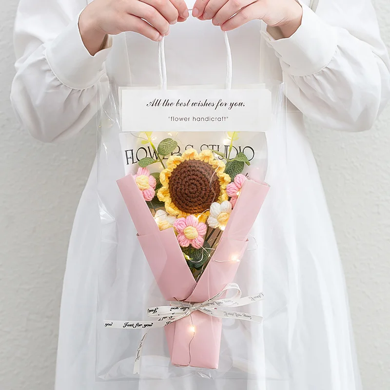 1PC Crochet Flowers Bouquet Finished Graduation Flower Bouquet with Gift Bag LED Lamp String Festival Decoration Handmade Gifts