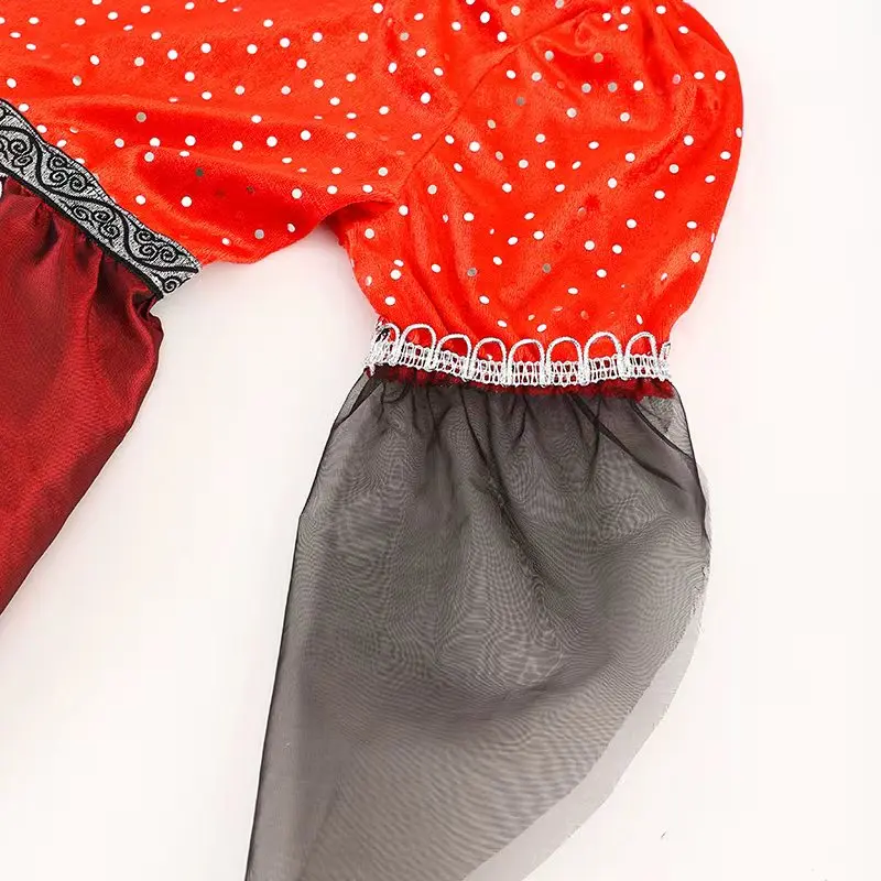 Girls' Outfit: 1 Long Witch Dress + 1 Red Pointed Hat; the Pointed Hat Can Fully Express Individuality and Give an Otherworldly Feel; the Soft and Flowing Black Fabric at the Top of the Hat and Sleeves Gives a Light and Agile Feel; Girls' Costumes for Halloween and Various Holiday Parties