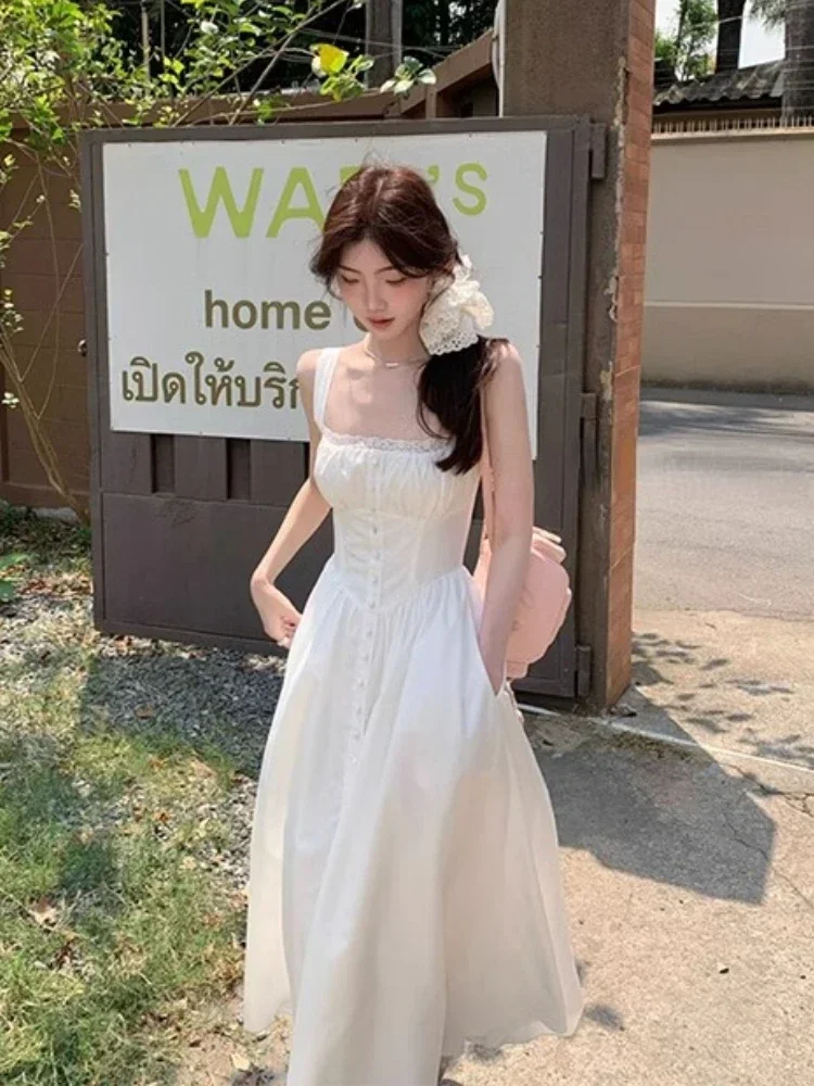 Elegant Women's Retro Printed Medium Length Dress Summer Fashion Beach Party Y2k Slim Fit Women Versatile Lace Suspender Dress