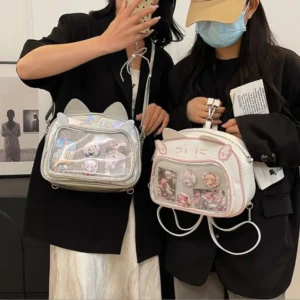 Zipper Bag Kawaii Cat Itabag Cotton Doll Bag Idol Merchandise Storage Transparent Pocket Badge Storage Bag PU Fashion Backpacks