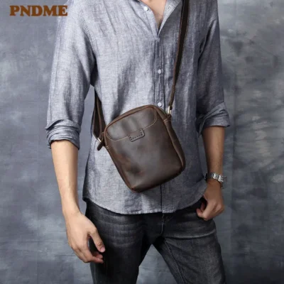 Vintage natural genuine leather men's small phone shoulder bag fashion casual crazy horse cowhide daily shoulder messenger bag