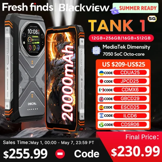 【World premiere】Blackview Oscal TANK 1 Rugged SmartPhone 5G MediaTek Dimensity 7050 6.78" 2.4K 120Hz Display 20000mAh NFC 64MP