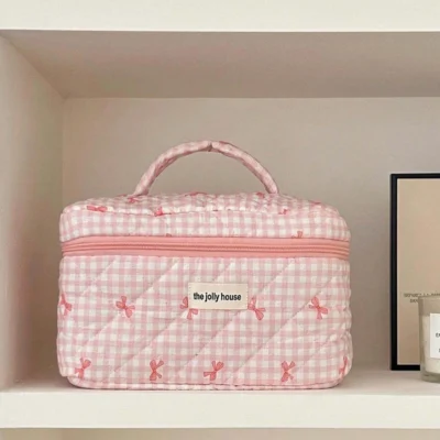 1set Cute Bowknot Cosmetic Bag Organizer Multifunctional Wallet Pouch Portable Brush Storage Clutch Travel Makeup Skincare Bag