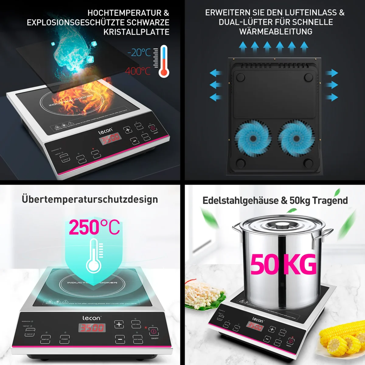 Leconchef Induktionskochplatte 3500W Induktionskochfeld mit Timer und Isolierfunktion, 50KG Große Tragfähigkeit Edelstahlgehäuse