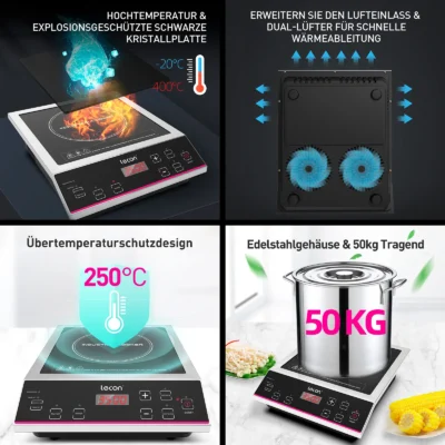 Leconchef Induktionskochplatte 3500W Induktionskochfeld mit Timer und Isolierfunktion, 50KG Große Tragfähigkeit Edelstahlgehäuse
