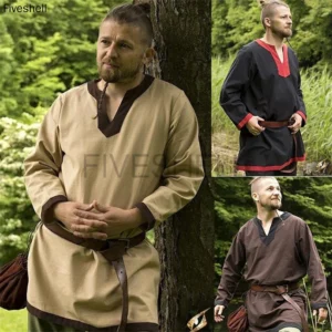 Halloween Men Shirt Medieval Pirate Cosplay Costume Long Sleeve Loose Robe Celtics Tunic Warrior Knight Top Saxon Blouse