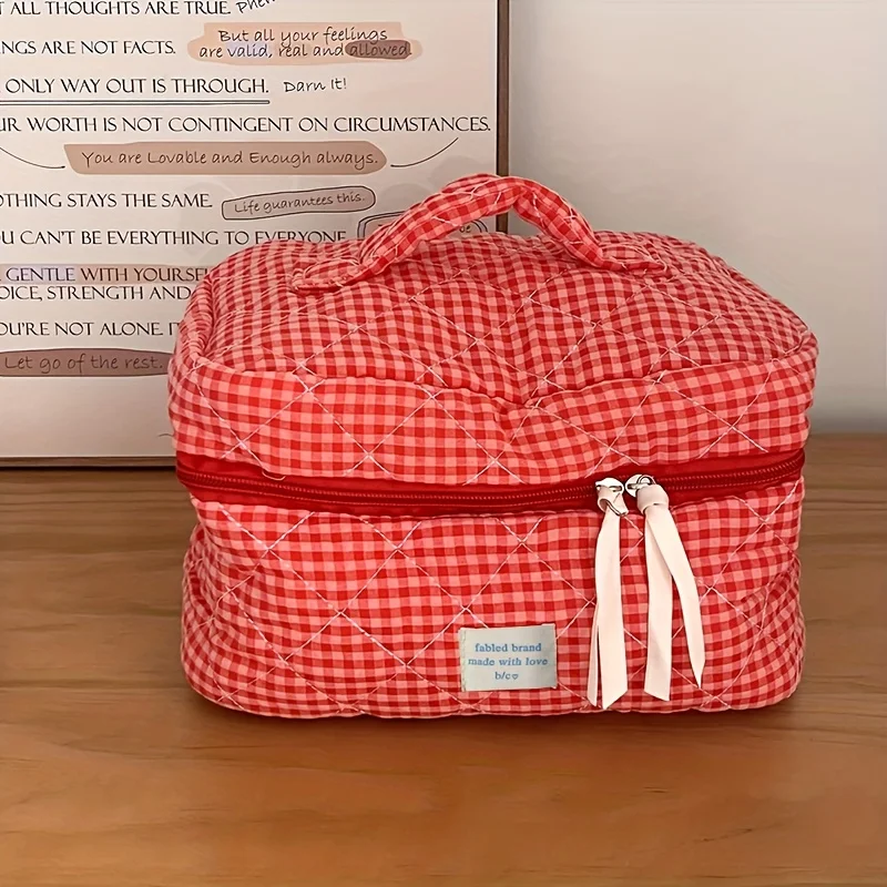 Plaid Makeup Bag Large Capacity Portable Cosmetic Bag For Women Girls Skincare Toiletry Bag Multifunctional Cute Wallet Pouch