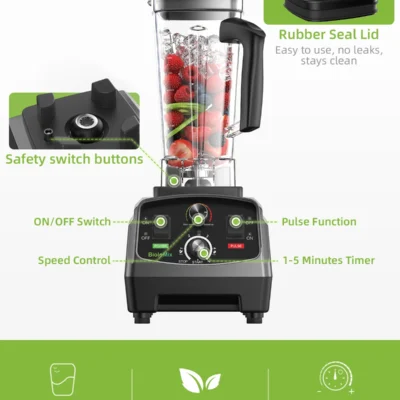 BioloMix 3HP 2200W Heavy Duty Grade Timer Blender Mixer Juicer Fruit Food Processor Ice Smoothies BPA Free 2L Jar