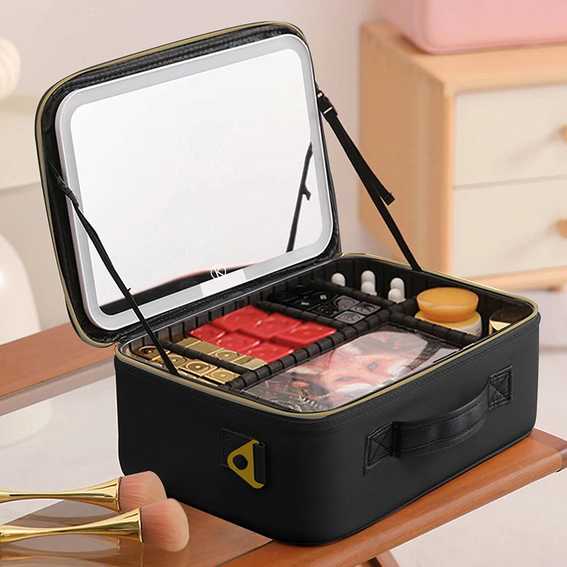 Smart 3 Color LED Cosmetic Case With Mirror Travel Makeup Bag Large Size Female Beauty Skincare Product Makeup Case For Women