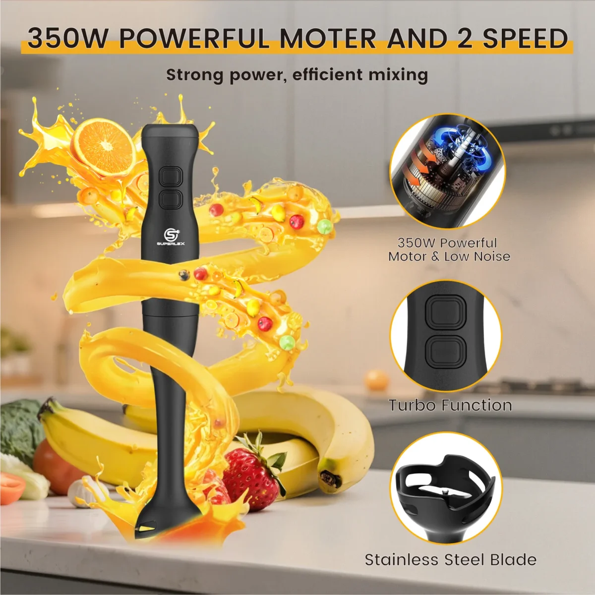 SUPERLEX 4-in-1 Handheld Blender Set, Including 500ml Cup, 350W 2-speed Regulation Suitable For Cutting,Making Soups, And Sauces
