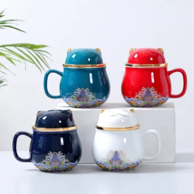 Portable Set of Tea Cup, Mug and 2-Cups,Wide Mouth, Easy to Clean, Keep Tea Hot,Steeping Loose Leaf Tea Bag,Cute Cat, 10.8oz