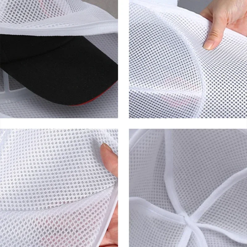 Hat washing bag, washing machine hat protection bag, hat cleaning laundry bag, anti-deformation mesh organizing bag with zipper.