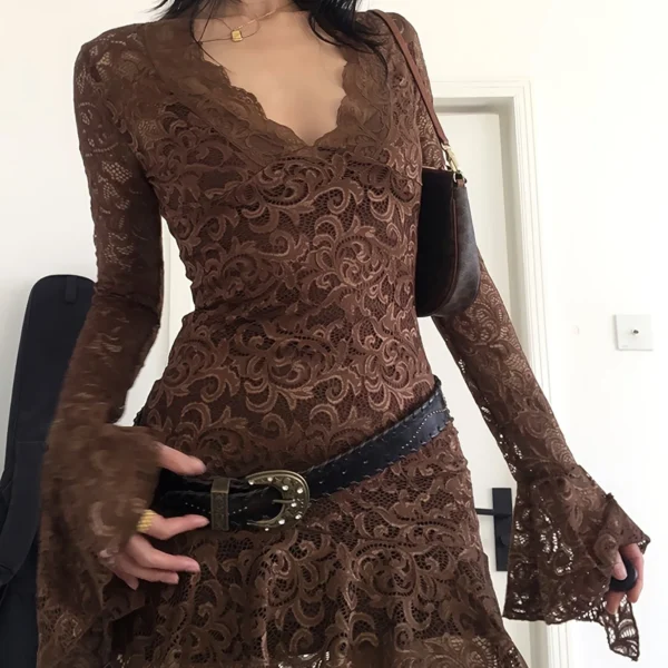 Summer Y2k Women's Dresses Sexy Sheer Mesh Lace Bodycon Dress Flared Long Sleeve V-Neck Mini Dress Party Club Evening Dresses