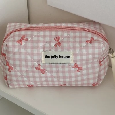 1set Cute Bowknot Cosmetic Bag Organizer Multifunctional Wallet Pouch Portable Brush Storage Clutch Travel Makeup Skincare Bag
