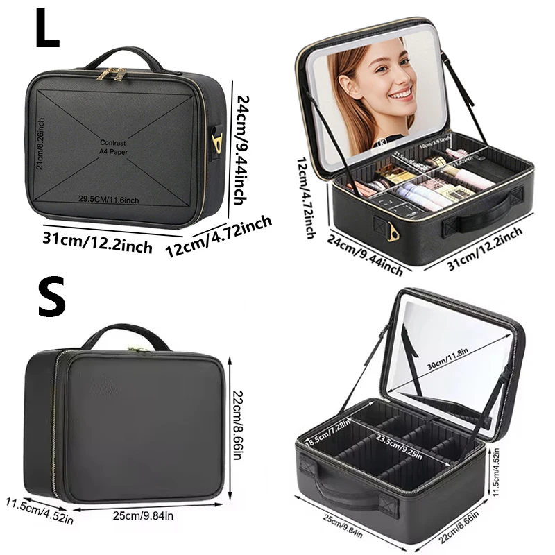Smart 3 Color LED Cosmetic Case With Mirror Travel Makeup Bag Large Size Female Beauty Skincare Product Makeup Case For Women