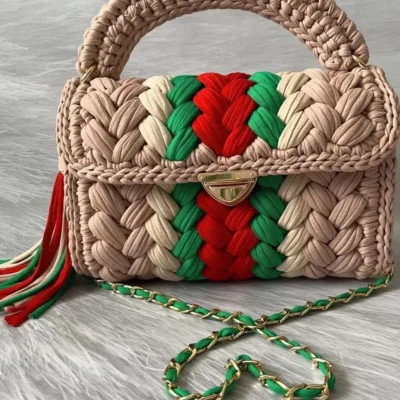 Women's Purses Fabric Woven Bag Summer Bright Color Splicing Chain Tassel Pure Handmade Crochet Bag Luxury Designer Handbag