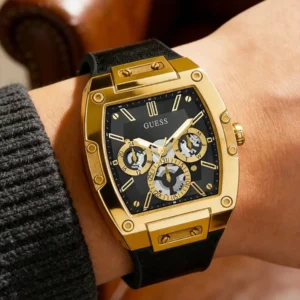 GUESS Watches for Men Original Luxury Gold Tone Black Dial Tonneau Multifunction Quartz Chronograph Silicone Strap Wristwatch