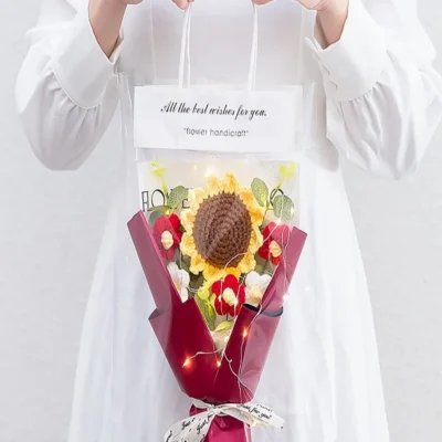 1PC Crochet Flowers Bouquet Finished Graduation Flower Bouquet with Gift Bag LED Lamp String Festival Decoration Handmade Gifts