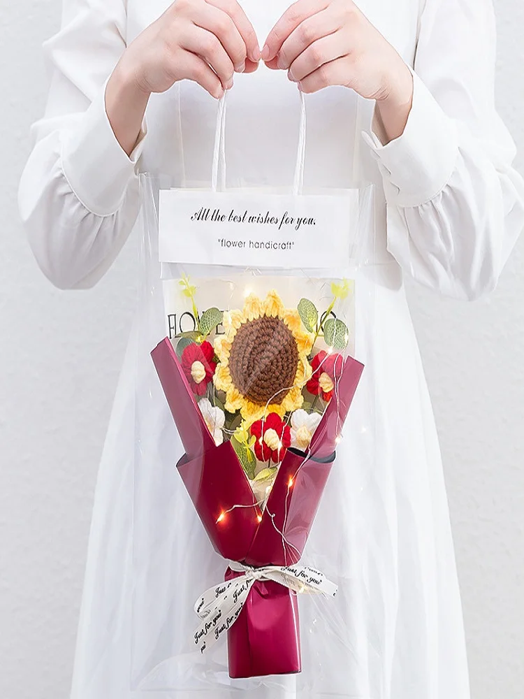 1PC Crochet Flowers Bouquet Finished Graduation Flower Bouquet with Gift Bag LED Lamp String Festival Decoration Handmade Gifts