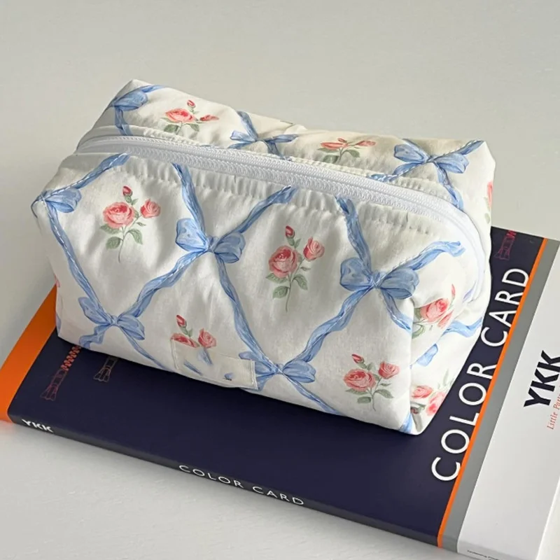 New Bow Cosmetic Bag Pink Flower Makeup Organizer Skincare Perfect Gift Washing Bag For Travel Cosmetics Storage Bag