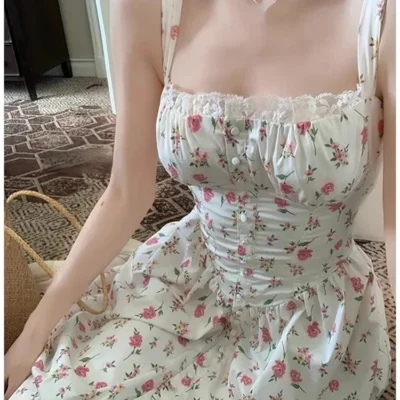 Elegant Women's Retro Printed Medium Length Dress Summer Fashion Beach Party Y2k Slim Fit Women Versatile Lace Suspender Dress