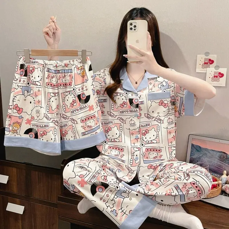 Sanrio Hello Kitty Cotton Pajamas for Women Summer Pijama Pants Shorts Short Sleeve Sleepwear Cute Cartoon Pyjamas Home Suit New