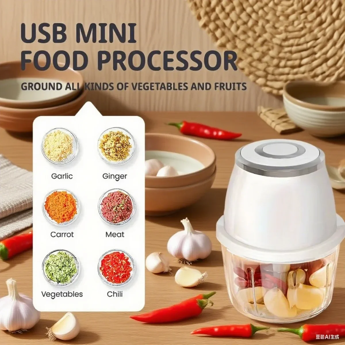 TINSOL 350ML Food Chopper Electric Meat Grinder Garlic Masher USB Multifunction Slicer Blender Kitchen Food Processor