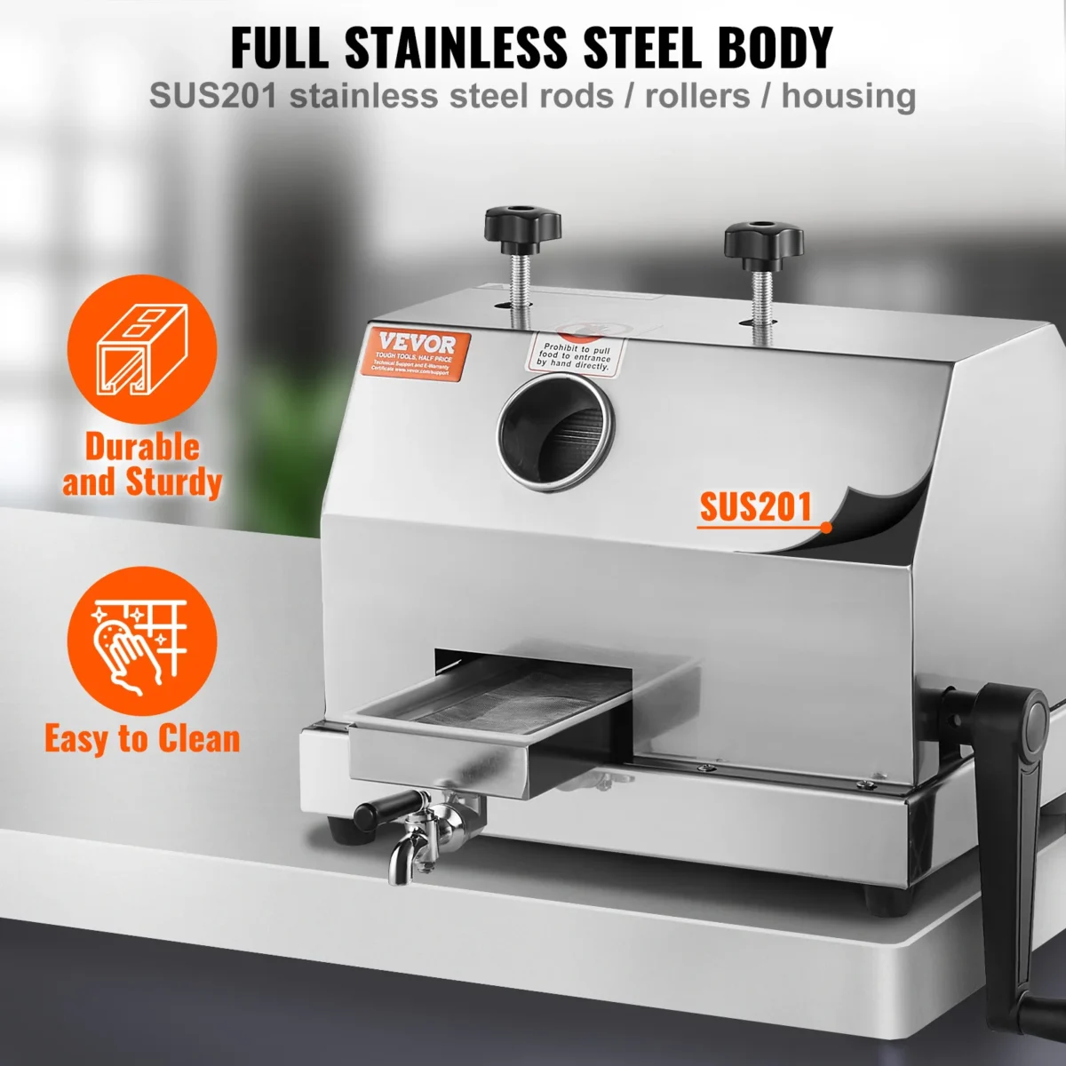 SucceBuy Commercial Sugar Cane Juicer 110LBS/H High Output Sugarcane Juicer Machine w/3 Stainless Steel Rollers 2.4" Large Inlet