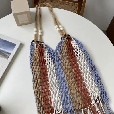 Bohemian Tassel Fishnet Women Shoulder Bags Colorful Rope Woven Lady Handbags Handmade Hollow Summer Beach Bag Large Tote Purses