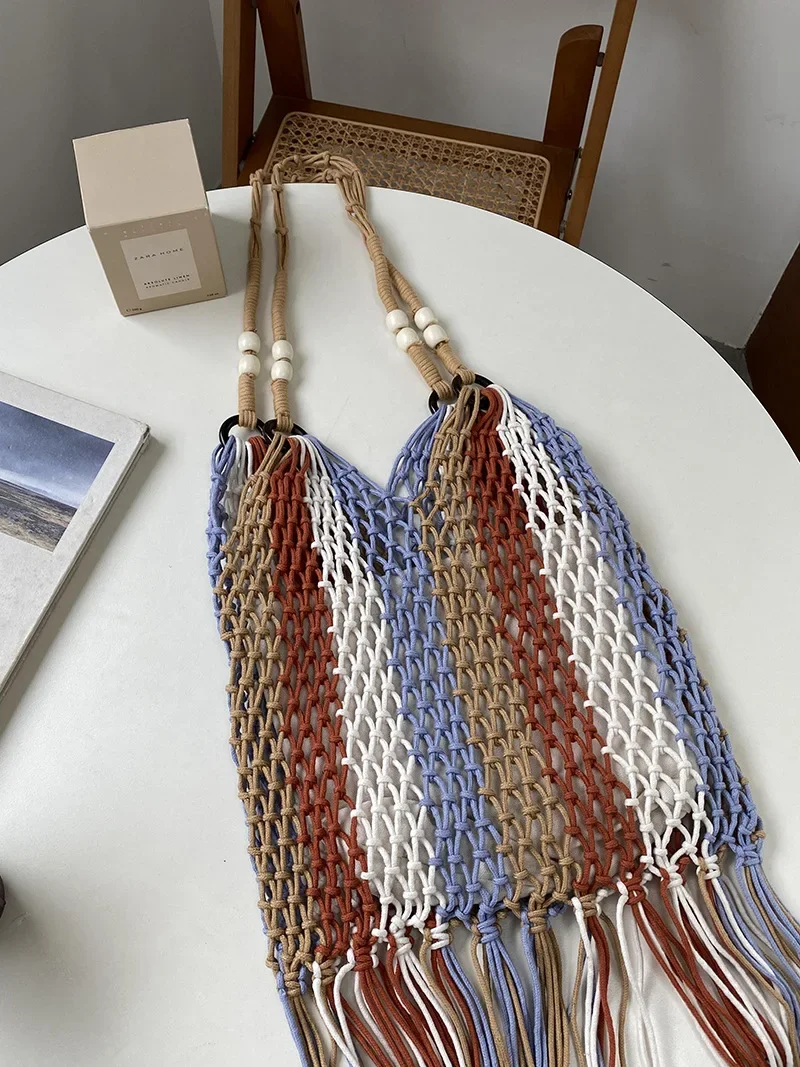 Bohemian Tassel Fishnet Women Shoulder Bags Colorful Rope Woven Lady Handbags Handmade Hollow Summer Beach Bag Large Tote Purses