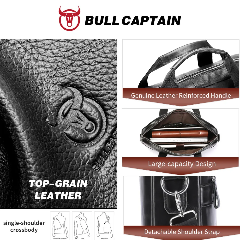BULLCAPTAIN Men's Bag Genuine Leather Men Briefcase for Laptop 14 Messenger Men's Leather Bag Business Portfolio for Document A4