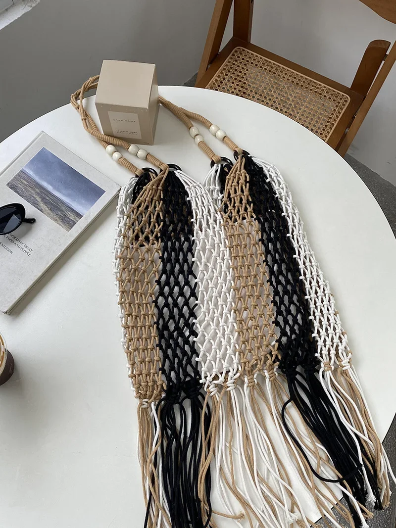 Bohemian Tassel Fishnet Women Shoulder Bags Colorful Rope Woven Lady Handbags Handmade Hollow Summer Beach Bag Large Tote Purses